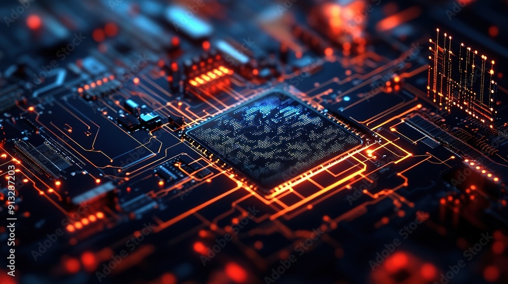 Poster circuit board: a close-up of an illuminated circuit board. this image showcases an intricate network