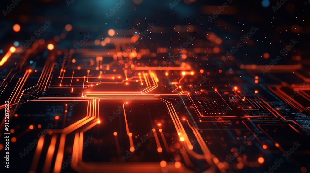Poster illuminating the digital frontier: an electrifying image of a circuit board, glowing with intricate 