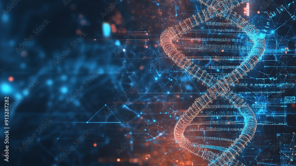 Poster dna strand in futuristic digital space: a captivating digital representation of a dna strand illumin