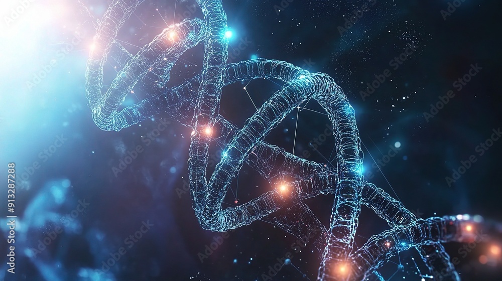 Poster dna helix in digital space: a captivating representation of a dna helix, rendered with a futuristic 