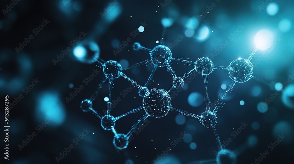 Poster molecular network: a dynamic, futuristic view of interconnected molecules, with glowing nodes and in