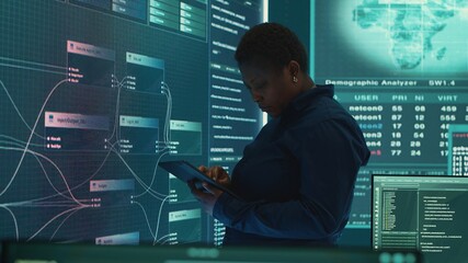 Governmental hacker investigating cyber incidents and monitoring security threats on a big screen. Woman specialist uses phishing techniques to steal important information for cyberwarfare. Camera A.