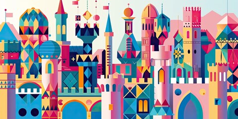 Vibrant Castle Silhouette Against a Colorful Abstract Sky