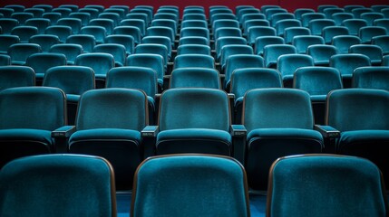 Naklejka premium Empty blue seats arranged in rows in an auditorium or theater, evoking a sense of anticipation for an upcoming event or performance