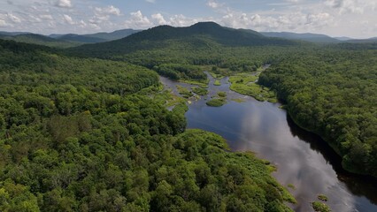 Beautiful green mountain range with gentle creeks in valley under blue sky with clouds in summer Adirondack Mountains New York State West Canada Creek Historic Confluence