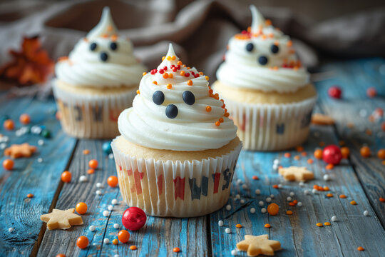 Halloween cupcakes with ghost faces and sprinkles on blue wooden background.