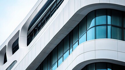 Obraz premium Modern Architectural Design: A contemporary building featuring clean lines and large glass windows under a clear sky, exuding a sense of modern elegance and urban sophistication.