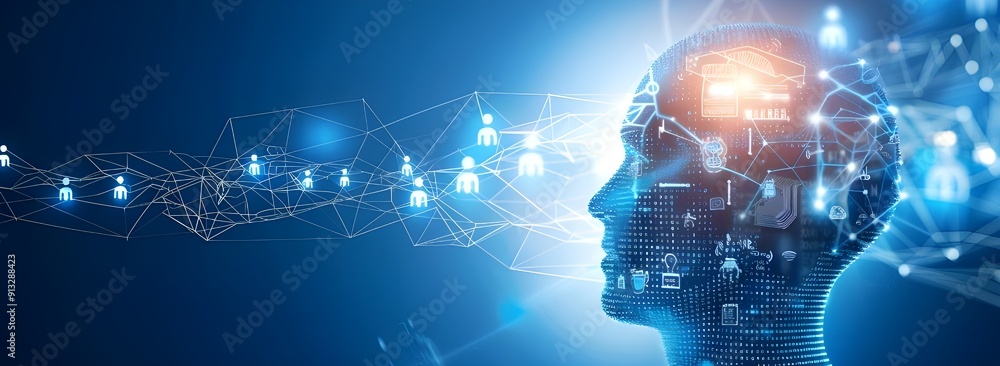 Poster artificial intelligence and machine learning, a human head with an artificial intelligence network i