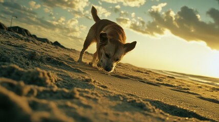 A dog walking at the beach
