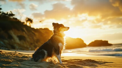 A dog sitting at the beach at sunset