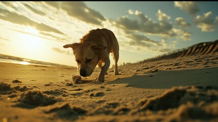 A dog walking at the beach