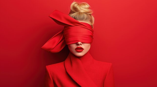 Woman with blonde updo, red lipstick, and red outfit wearing a red blindfold against a red background.