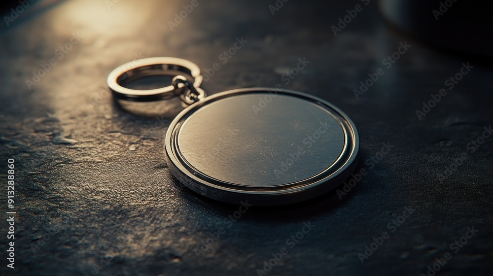 Poster close-up of a shiny silver keychain with a circular blank tag on a dark textured surface