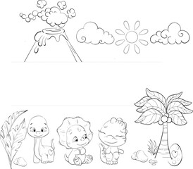 Jurassic period nature frame, vector elements, nature, black volcano, palm in cartoon style. Dinosaurs egg
