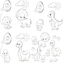 Vector arrangement, frame- baby dinosaurs. Clipart for baby shower, nursery, decor, stickers, prints with historical animals. Black silhouette for circuit