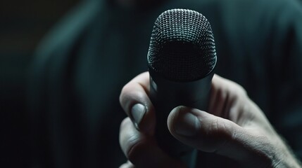 Close-up of a Hand Holding a Microphone with a Dark Background, Focused on the Microphone and Hand, Capturing the Moment Before Speaking
