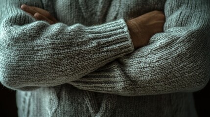 Close-up of a Man's Arm Crossed in a Grey Knit Sweater: Texture and Warmth of a Cozy Winter Garment