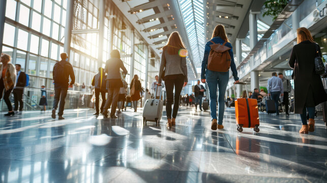 Travelers walking through a busy airport terminal, carrying luggage, bathed in natural sunlight from large windows.