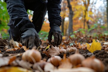 Obraz premium Harvesting Hazelnuts in a Colorful Autumn Forest With Vibrant Leaves and Soil Preparation