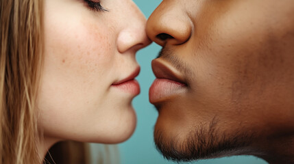 Obraz premium Close-up image of a couple almost kissing, with their faces very near to each other against a blue background.