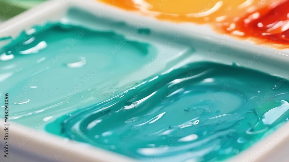 Poster a white tray with three different colors of paint on it. the tray is divided into three sections, ea