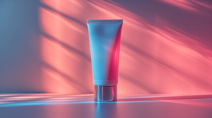 cream tube, cosmetic tube blank mockup. Beauty product packaging, blue-pink color cosmetic tube photography mockup with copy space.