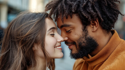 Obraz premium Close-up of a smiling couple with foreheads and noses touching in an intimate moment with blurred outdoor background.