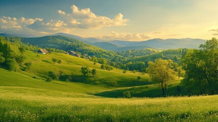 Obraz premium Tranquil Mountain Landscape with Lush Green Fields