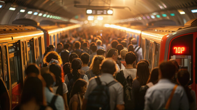 A bustling subway platform filled with commuters during rush hour, illuminated by warm light, creating a dynamic urban scene.