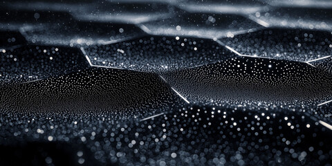 Abstract digital hexagonal pattern with glowing dots on a dark blue background, conveying a concept of technology