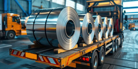 Industrial truck carrying large steel coils in a factory setting, showcasing metal manufacturing and transportation.