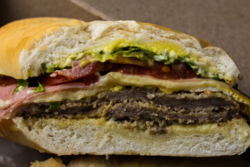 Milanese sandwich with fries, mayo, egg, ham and cheese, tomato and lettuce, French bread