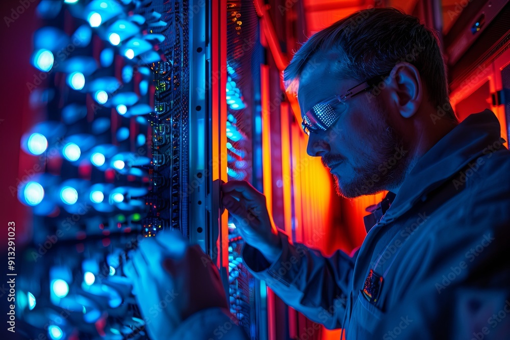 Poster technicians troubleshoot servers and monitor equipment during a critical situation in the server roo