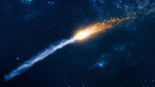 A bright yellow object is flying through the night sky. The sky is dark blue with a few stars scattered throughout