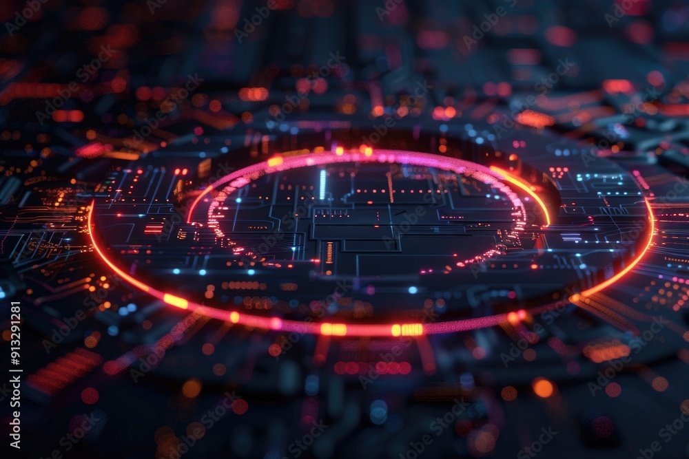 Poster a circuit board with a glowing circle at its center, often used for decorative or futuristic purpose