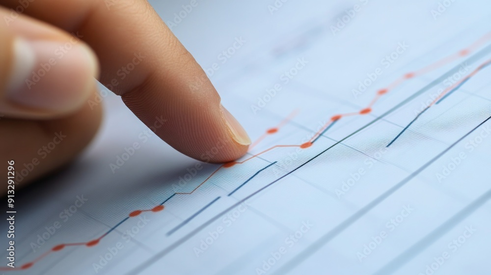 Poster close-up of a hand pointing at an upward trending line graph on a business report