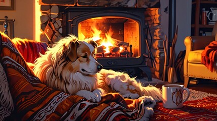 illustration of a dog relaxing indoors with a campfire background, autumn atmosphere