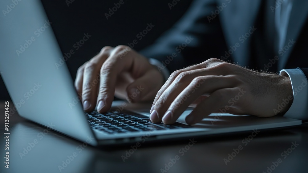 Poster close-up of hands typing on a laptop keyboard, illuminated by the screen in a dimly lit room, focusi