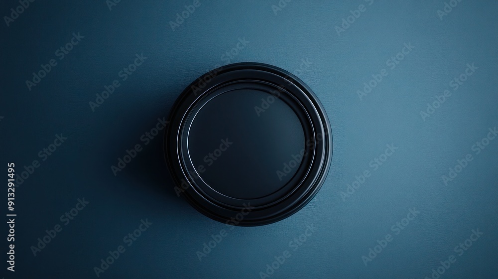 Poster a black circular object with concentric rings on a blue background - abstract minimalist design