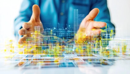 Hands Holding a Cityscape Visualization - Concept of Modern Architecture and Urban Planning