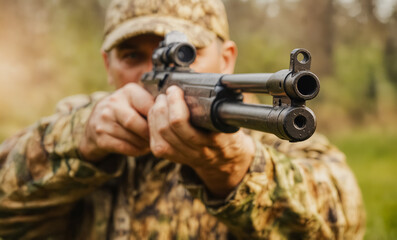 Fototapeta premium A hunter in the forest aims his gun at a target.