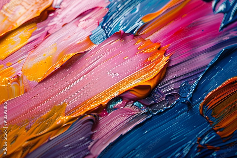 Poster layered brush strokes create a vibrant abstract composition with striking color contrasts and textur
