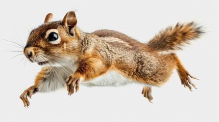 Dynamic Chipmunk Leaping in Mid-Air Against White Background - Capturing Nature’s Agility and Energy in a Single Frame