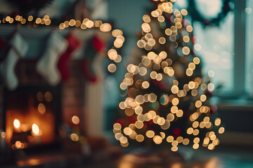 Background with Christmas evening blurred warm interior. New Year living room with Christmas tree, garlands, fireplace, decoration in bokeh. Cozy family holiday. Winter break banner with copy space.