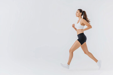 Fototapeta premium Athletic woman jogging in sportswear on white background, promoting fitness and healthy lifestyle