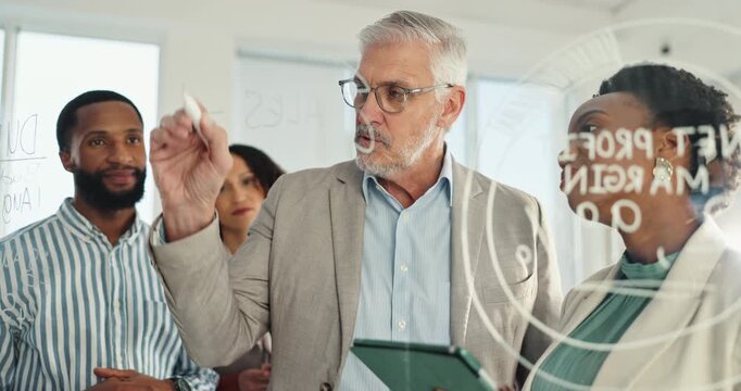 Writing, ideas and business people with tablet at glass wall for collaboration, profit development or training in office. Strategy, mentor and team on digital app, problem solving and growth planning