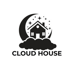 Fototapeta premium Fantasy Cloud House Logo Design, Dream Home Real Estate Logo, Whimsical Night Property Logo