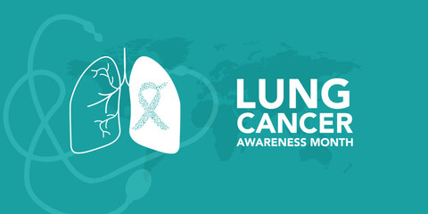 November, Lung cancer awareness month text and pink drawing line lung symbol with white ribbon around on blue background vector design