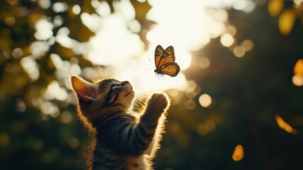 A kitten playing with a butterfly in a park