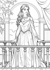 Fototapeta premium Elegant Lady on Balcony Coloring Page